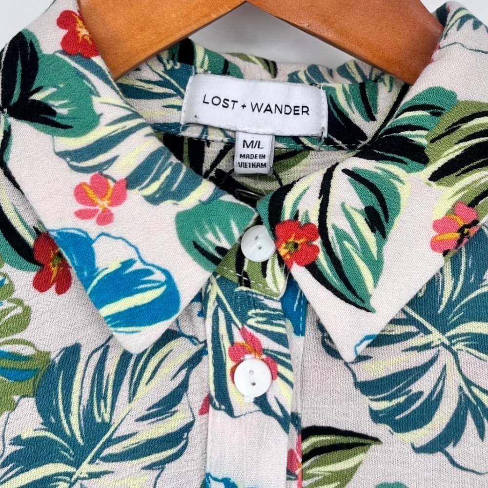 Lost + Wander Tropical Monstera Floral Rayon Button Down Dress M/L Vacation - Picture 3 of 10